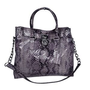 MICHAEL MICHAEL KORS LARGE HAMILTON GRAY SLATE PYTHON PRINT TOTE BAG